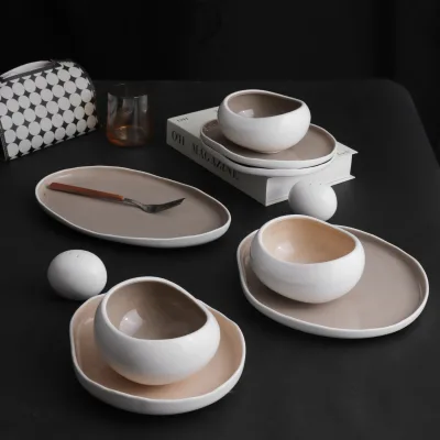 European Style Color Glazed Ceramic Minimalist Nordic Soup Plate Flat Plate Fish Plate Cup Saucer Rice Bowl Afternoon Tea Plate