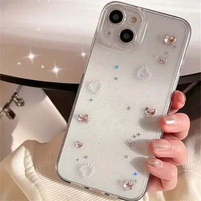 Luxury 3D Rhinestone Heart Shaped Glitter Glue Transparent Case Korean Ins Style for Iphone 17 16 15 Pro Max Soft Sequin Shell