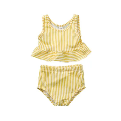 Summer Baby Bathing Suit Beachwear Two Piece High Waist Striped Baby Girl Solid Swimsuit