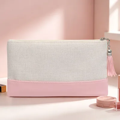 Personalized Linen Makeup Bag with Tassel and Leather Splicing for Bridesmaid Gifts Custom Logo Aesthetic Cosmetic Pouch