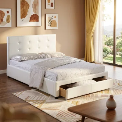 Large Storage Drawer White Tuft Leather Bed Frame Upholstered Storage Platform Bed With Pull Out Drawer