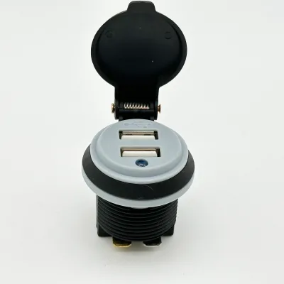 Dual USB-A Charger Socket DC12V-24V 4.8A 29mm Panel Mount Flip-Cap Outlet Side & Downward Terminal for RV Boat Truck Motorcycle