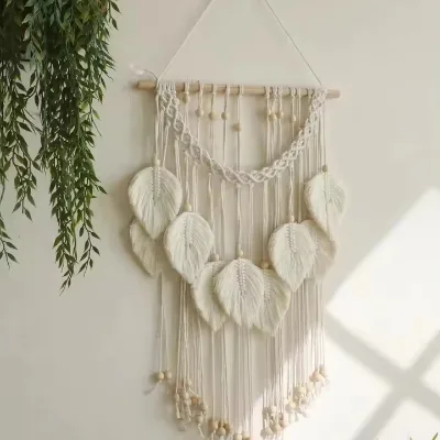 Boho Leaf Macrame Tapestry Woven Wall Hanging Tapestry Home Wall Decor Wood Bead Crafts Bedroom Living Room Decor Aesthetic Gift