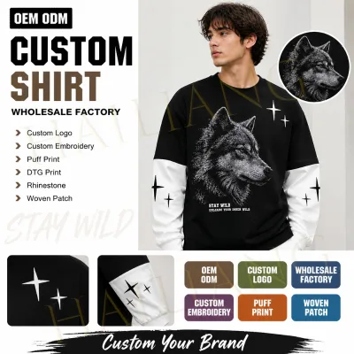 OEM ODM Custom Men's Crewneck Sweatshirt 100% Cotton Double Sleeves Blank Pullover Embroidery Screen DTG Print Logo Factory