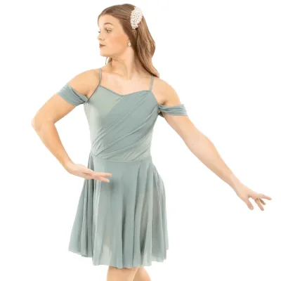 Women's Dark Green Lyrical Dance Costume Sleeveless Bodysuit with Floral Lace Appliques and Ruched Mesh Skirt Performance Wear