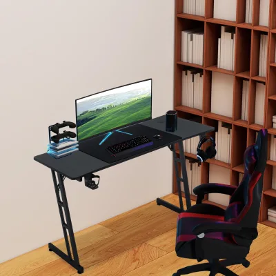 Cheap Modern Particle Board Living Room Furniture LED Lighting Gaming Desk with Headphone Hook Cup Holder & Big Size Mouse Pad