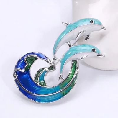 Blue Enamel Dolphin Brooches for Women and Couples Lovely Sea Fishing Party Office Brooch Pin Necklace Brooch Dual-use Corsage