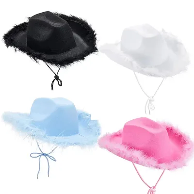 Western Felt Fluffy Cowgirl Hat Bachelorette Bachelor Party Hats Feather Trim Rodeo Hats