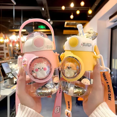 Cute Cartoon Straw Cup High-Value Universal Strap Children's Water Cup Space Capsule Design Sealed Leakproof Large Capacity
