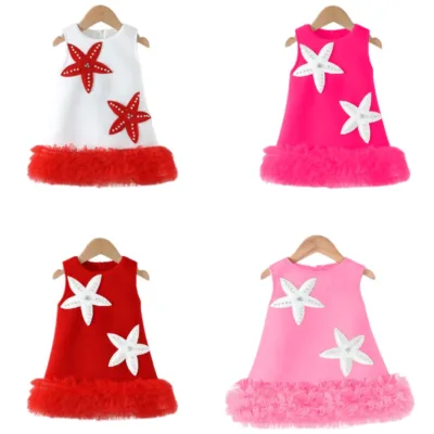 2026 New Product Girls' Starfish Decorative Worsted Sleeveless Plain Dyed Dress Birthday Dress