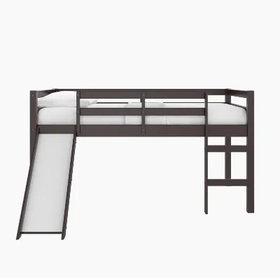Kids' Low Loft Twin Bed with Slide Solid Pine Wood Junior Loft Bed Frame with Engineered Wood Slide and Built-In Ladder