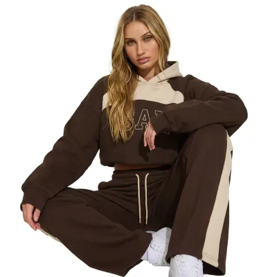 Chic Brown Short Hoodie and Wide Leg Pants Set with Embroidered Logo for Vintage Streetwear Style