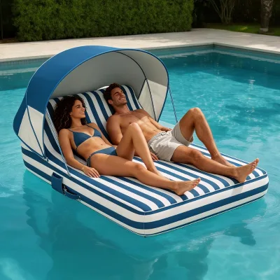 Inflatable PVC Portable Custom Pool Float Sun Lounger Shade Canopy Double Person Water Floating Raft for Couples Custom Logo