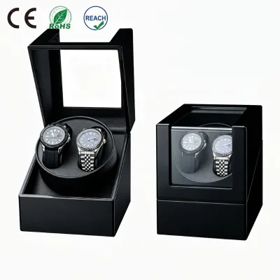 Luxury Dual Watch Winder for 2 Automatic Watches Brown/Black Finish Glossy Lacquer Painted Silent Motor Wooden Storage Box