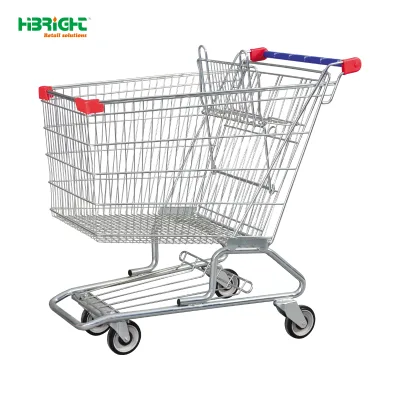 Commercial 150L Plastic Metal Powder Coated Foldable Supermarket Shopping Trolley American Style Heavy Duty Grocery Cart 5'' PU