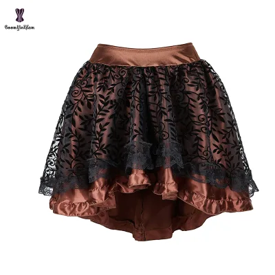 Zipper Chiffon Brown Black Lace A-Line Corset Punk Gothic Dress Asymmetrical Women Victorian Skirt Plus Size S XXXXXXL