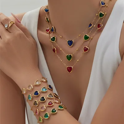 Colorful Love Heart Shaped Inlay Glass Stone Stainless Steel Fine Stud Earring Chain Necklace Bracelet for Women Jewelry Set