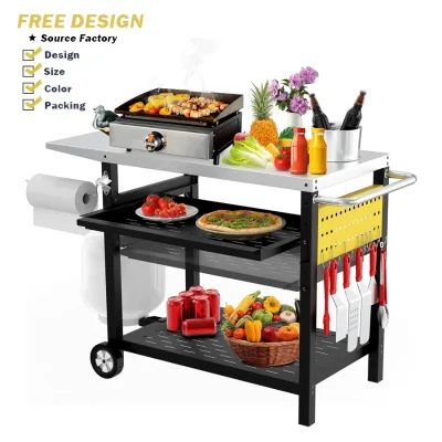 Outdoor Portable BBQ Cart with Pegboard 3-tier Pizza Oven Table with Drawers Iron Kitchen Cart with Rolling Wheels