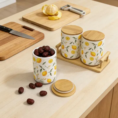 Kitchen Ceramic Jar 3-Piece Food Storage Jar Lemon Tea Sealed Jar Coffee Beans Coarse Grains Storage Jar