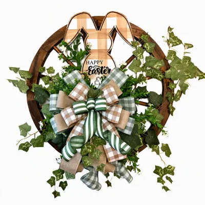 HAPPY Easter Wreath Wooden Wagon Wheel Bunny Cutout Buffalo Check Bow Artificial Ivy Farmhouse Style Spring Door Decoration
