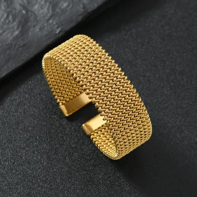 Waterproof 22mm Wide Stainless Steel Metal Open Bangle High Quality Braided Mesh Cuff Twist Bracelet for Women