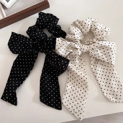 Women Elastic Fabric Hair Tie Polka Dot Bowknot Hair Scrunchies With Long Tail