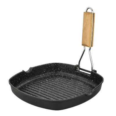 Square Non-Stick Grill Pan With Foldable Wooden Handle,Portable Striped Griddle Pan for Stovetop BBQ Steak Cooking Outside BBQ