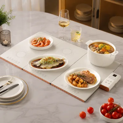 Wood Tone Edge Ivory Modular Compact Fast Heating Waterproof Easy Clean Electric Warming Tray for Family Dinners