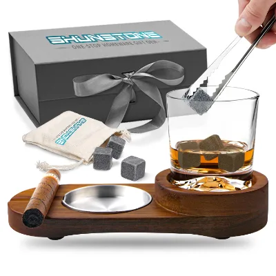 Vintage Decoration Design Wooden Rustic Tray and Cigar Holder Lead Free Crystal Wine Glass Whiskey Gift for Men