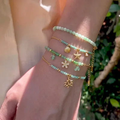 Fashion Natural Green Natural Stone Jewelry Stainless Steel 18K Gold Shell Flower Beaded Bracelet for Women
