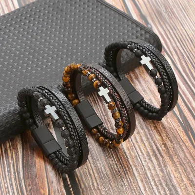 For Explosive Natural Stone Handmade Leather Men's Cross Design Tiger Eye Electroplated Bracelet
