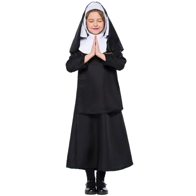 Adult Women Traditional Nuns Costumes Black Robe Religious Catholic Priest Sister Clothes Cosplay Party Dress