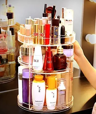 360 Degrees 4 Layers Rotating Makeup Storage Box Transparent Circular Skin Care Storage Box for Dressing Tables
