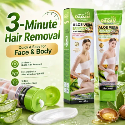 Aloe Vera & Argan Oil Hair Removal Cream, 100ml Depilatory Cream for Face and Body, 3-Minute At-Home Hair Removal White Cream