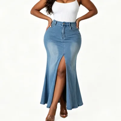 Custom Logo High Waisted Stretch Maxi Denim Skirts Women Retro Blue Long Flare Jean Skirt with Pockets for Casual Dresses