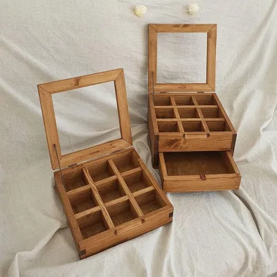 Country Wooden Nine-Grid Jewelry Storage Box Flip-Top Organizer Double-Layer Pull-Out Drawer