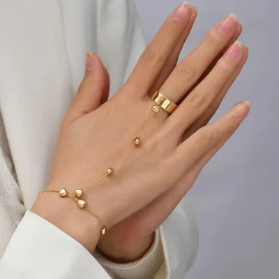 Simple Heart Slave Chain Bracelet Gold Plated Link Connected Wide Five Finger Ring Bracelets Jewelry Gifts for Women