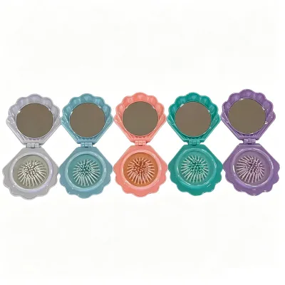 Wholesale Pastel Electroplated Holographic Shell Folding Mirror, Dual-Use Compact Pocket Mirror Hair Brush for Daily Styling