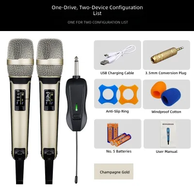 Wireless Microphones Karaoke Microphone UHF Wireless Dual Handheld Dynamic Microphone System Noise Cancelling LED Lights 50m