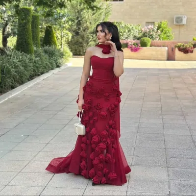 Ruolai WL057 Sleeveless Scarf Floral 3D Roses Flowers Flowing Long Chiffon Plus Size African Evening Party Dress