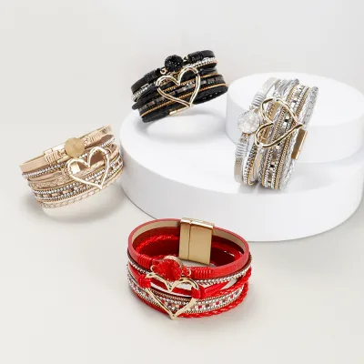 Bohemian New Magnet Buckle Bracelet Multi-layer Woven Leather Inlaid Zircon Bracelet