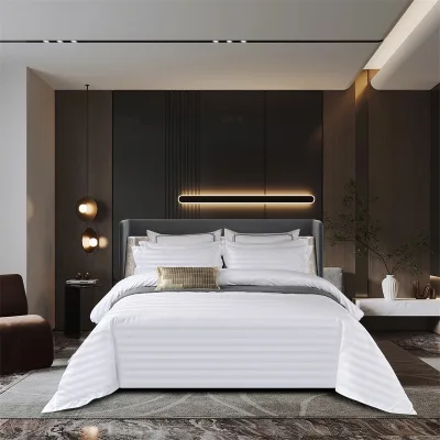 Satin Stripe 4 Piece Bedding Set 100% Cotton Hotel Grade Bed Linen Set OEKO-TEX Certified Wholesale Home Hospitality Bed Set