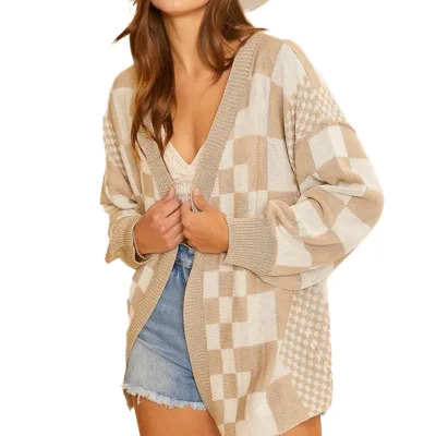 Custom Logo Women Vintage Check Cardigan Sweater Plus Sized Contrasting Colors Knitted Long Cardigan for Women