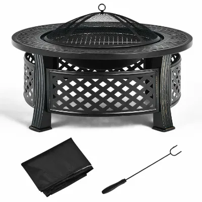 Heavy-Duty 32-Inch Large Garden Fire Pit with Cooking Grid and Mesh Cover Table for Outdoor BBQ Grills