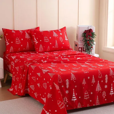 OEM ODM Red Christmas Tree Kids Full Sheet Set 4-Piece Microfiber Breathable Soft Wrinkle-Free Oeko-tex