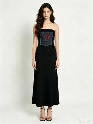 Women Strapless Ribbed Maxi Dress Denim Patchwork Rose Embroidery Tube Top Dress Slim Fit a Line Long Dress for Daily Party