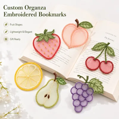 OEM Custom Eco-Friendly Durable Organza Embroidered Bookmark Personalized Fruit Style Sheer Fabric Marker for Packaging Gifts