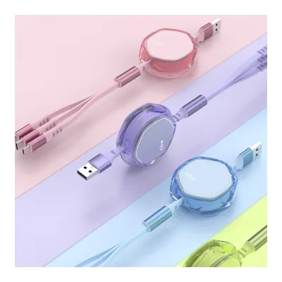 OEM Logo Transparent Telescopic 3 in 1 USB Data Cables 66W Mobile Phone Charging Cable Promotion Gift Custom Cord