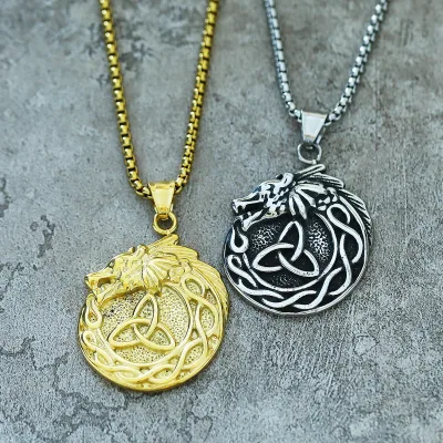 Customizable Vintage Stainless Steel Medal Retro Norse Fenrir Wolf Head Pendants Men Celtic Knot Charm Necklace for Anniversary