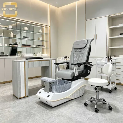 Luxury Wood Grain Manicure Table Gold Accent Strip Nail Workstation With Hand Rest for Beauty Spa & Nail Salon